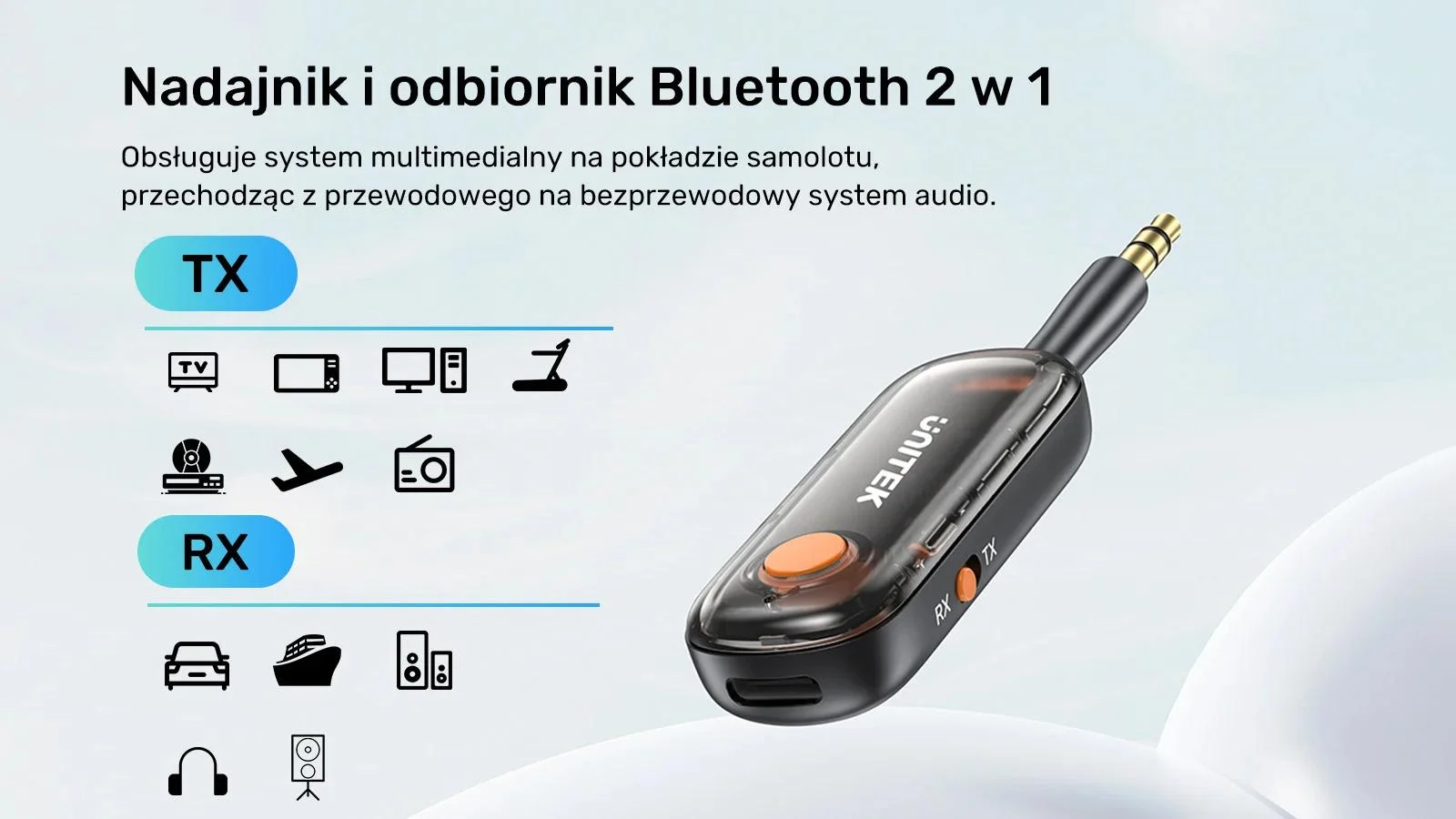 UNITEK 2w1 Adapter Bluetooth 5.3 nadajnik/odbiornik audio zasięg 10m czarny