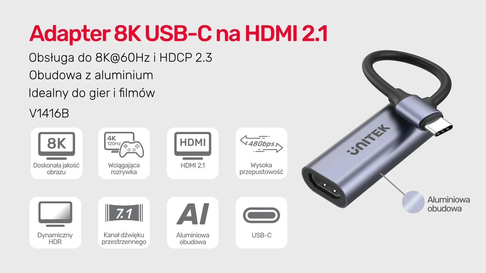 Unitek Adapter USB-C na HDMI 2.1 (8K 60Hz) szary 15cm V1416B