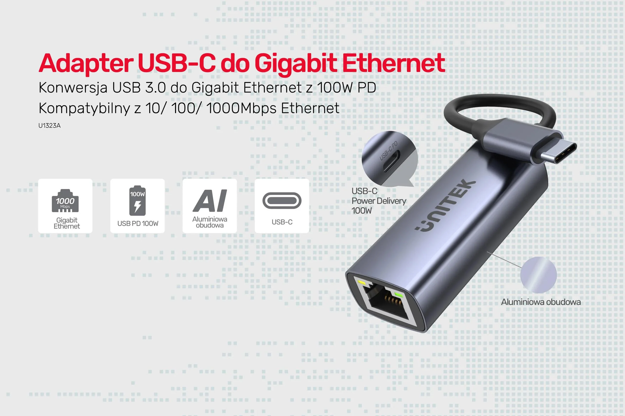 Unitek Adapter USB-C - RJ45 1Gbit LAN, PD 100W U1323A