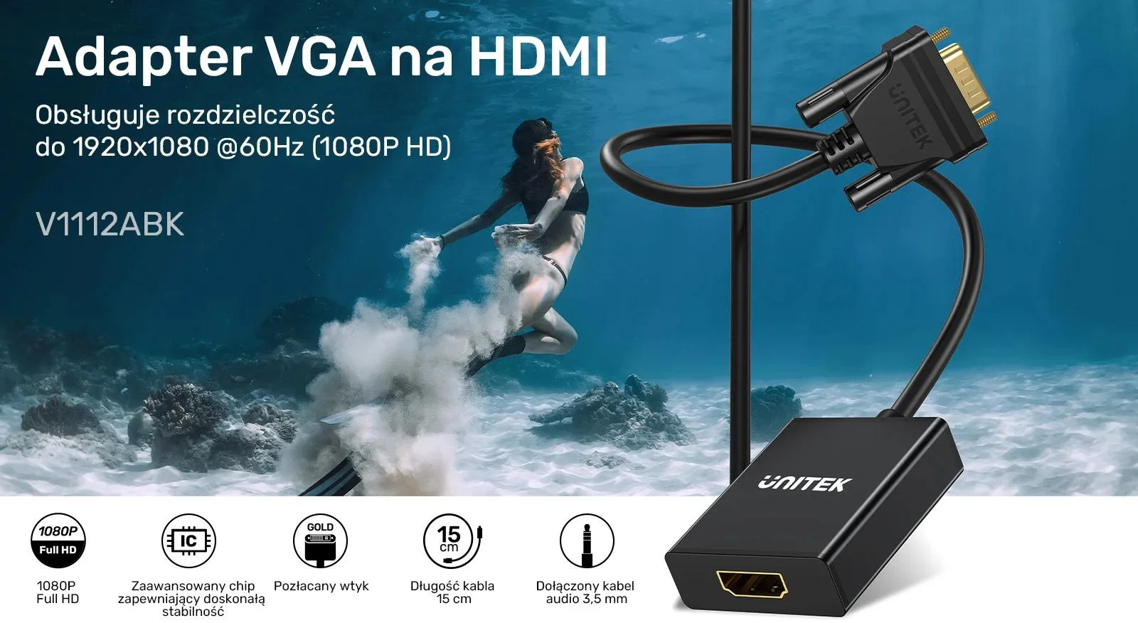 Unitek Adapter VGA na HDMI FullHD czarny 15cm