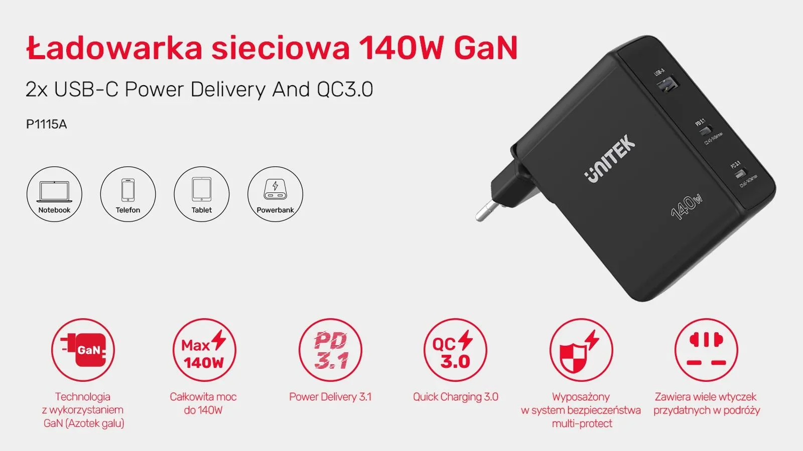 Unitek ładowarka GaN 3 porty 140W