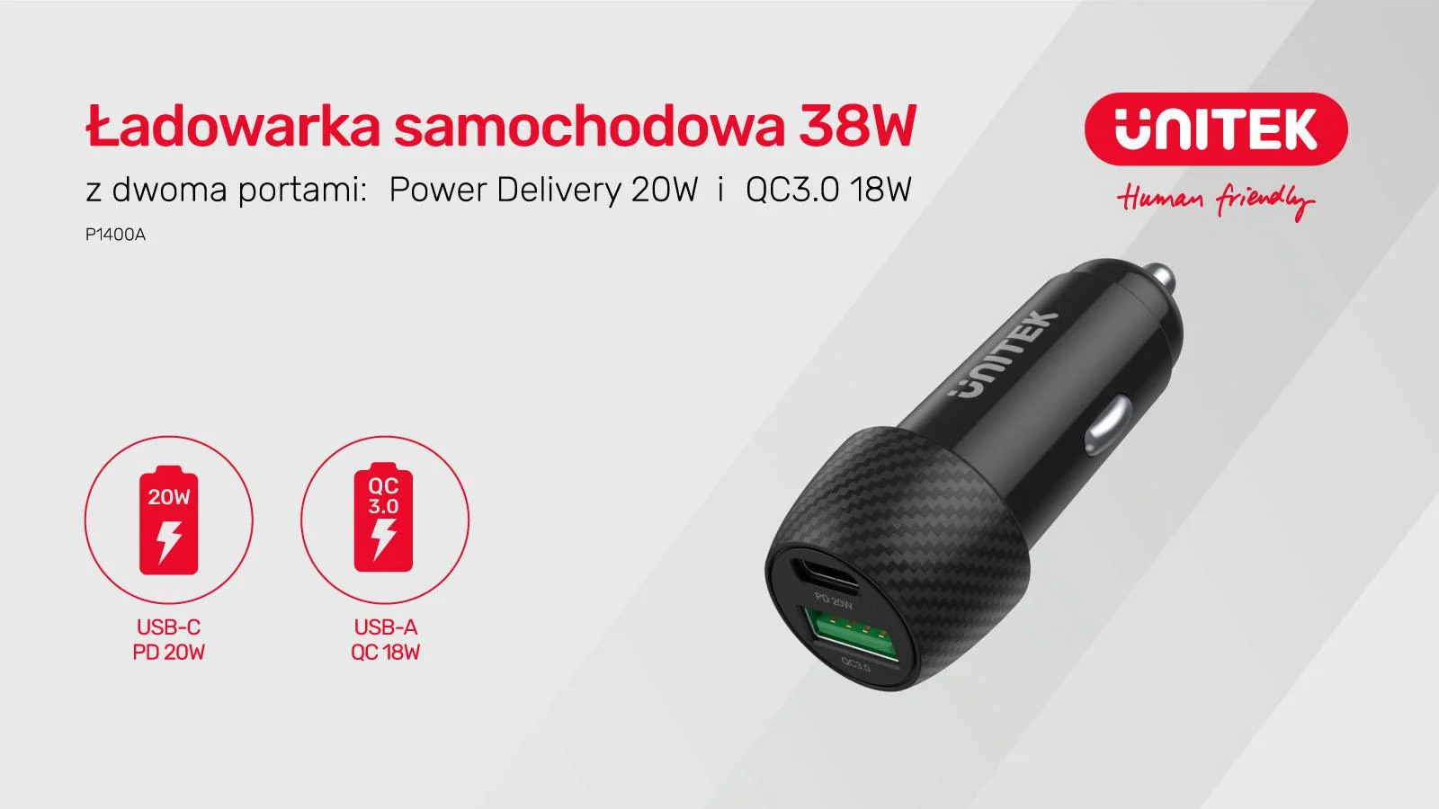Unitek Ładowarka samochodowa 38W USB-A USB-C QC3..0