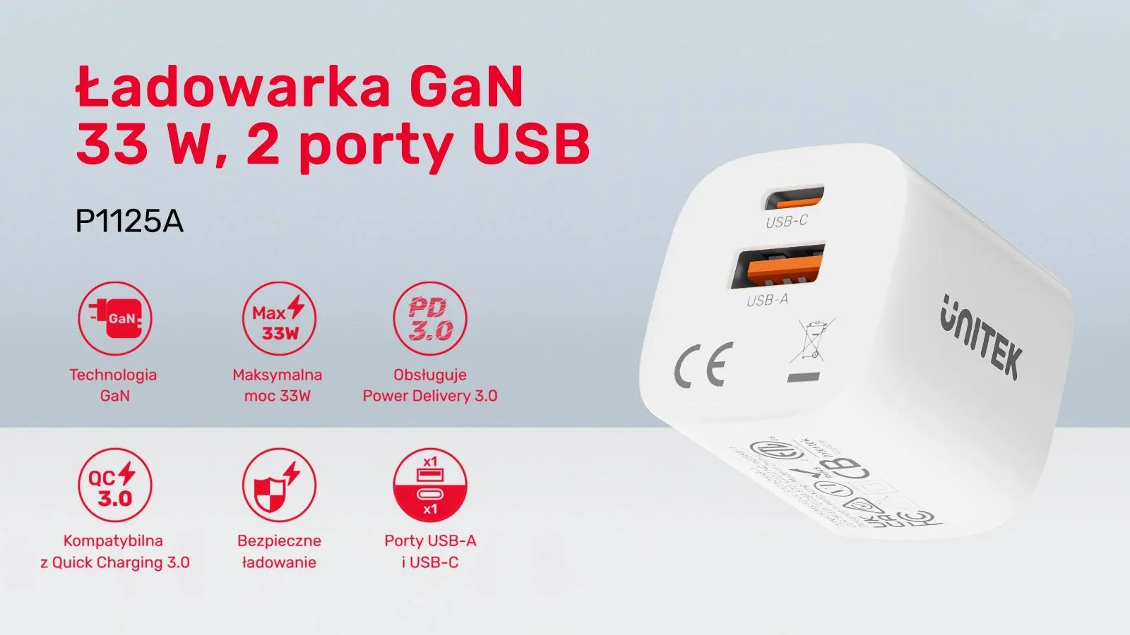 Unitek Ładowarka sieciowa 1x USB-A 1x USB-C QC PC 3.0 33W biała
