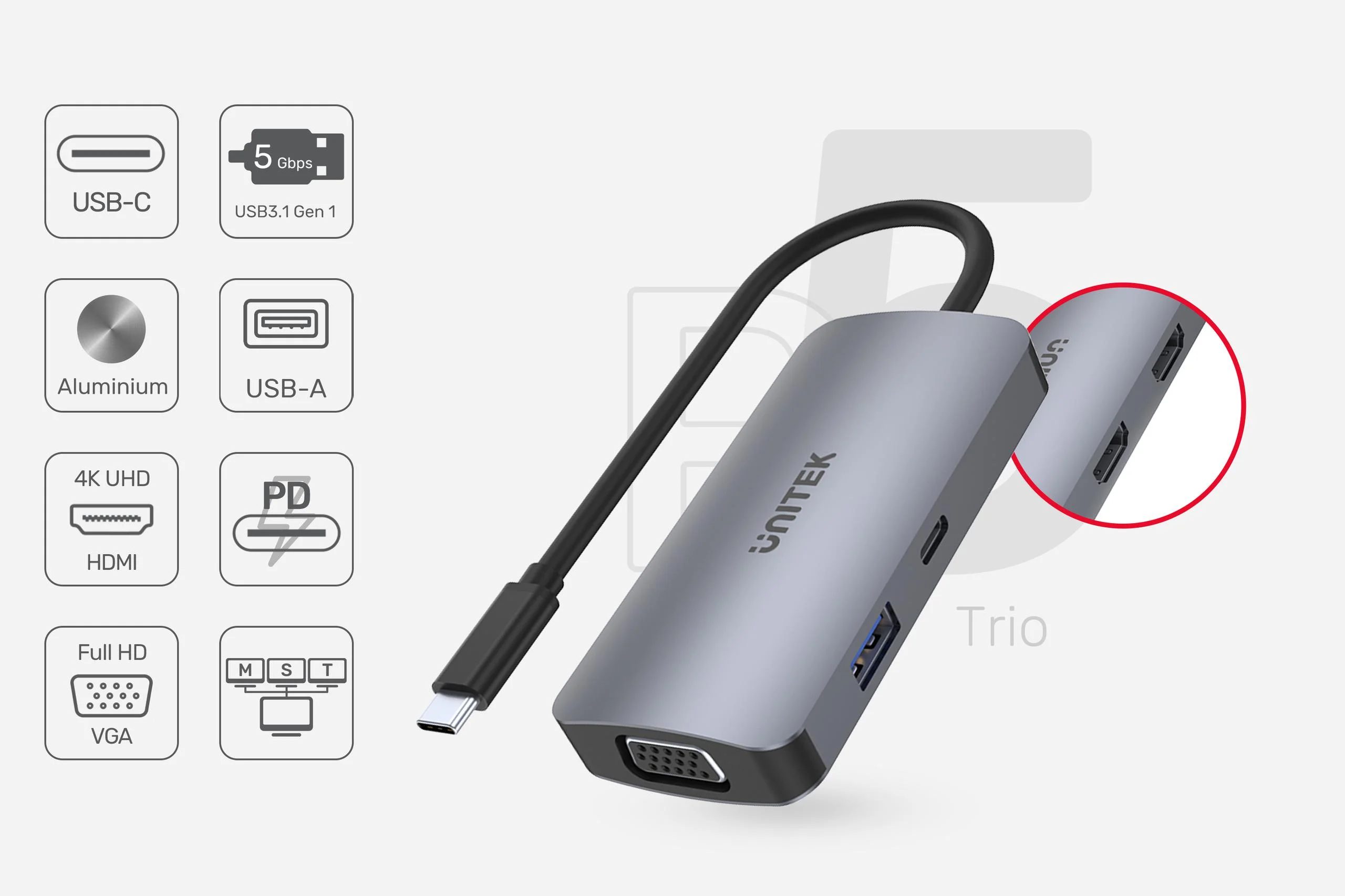 Unitek D1051A Hub USB-C 1xUSB 3.1 Gen1 VGA 2xHDMI PD MST
