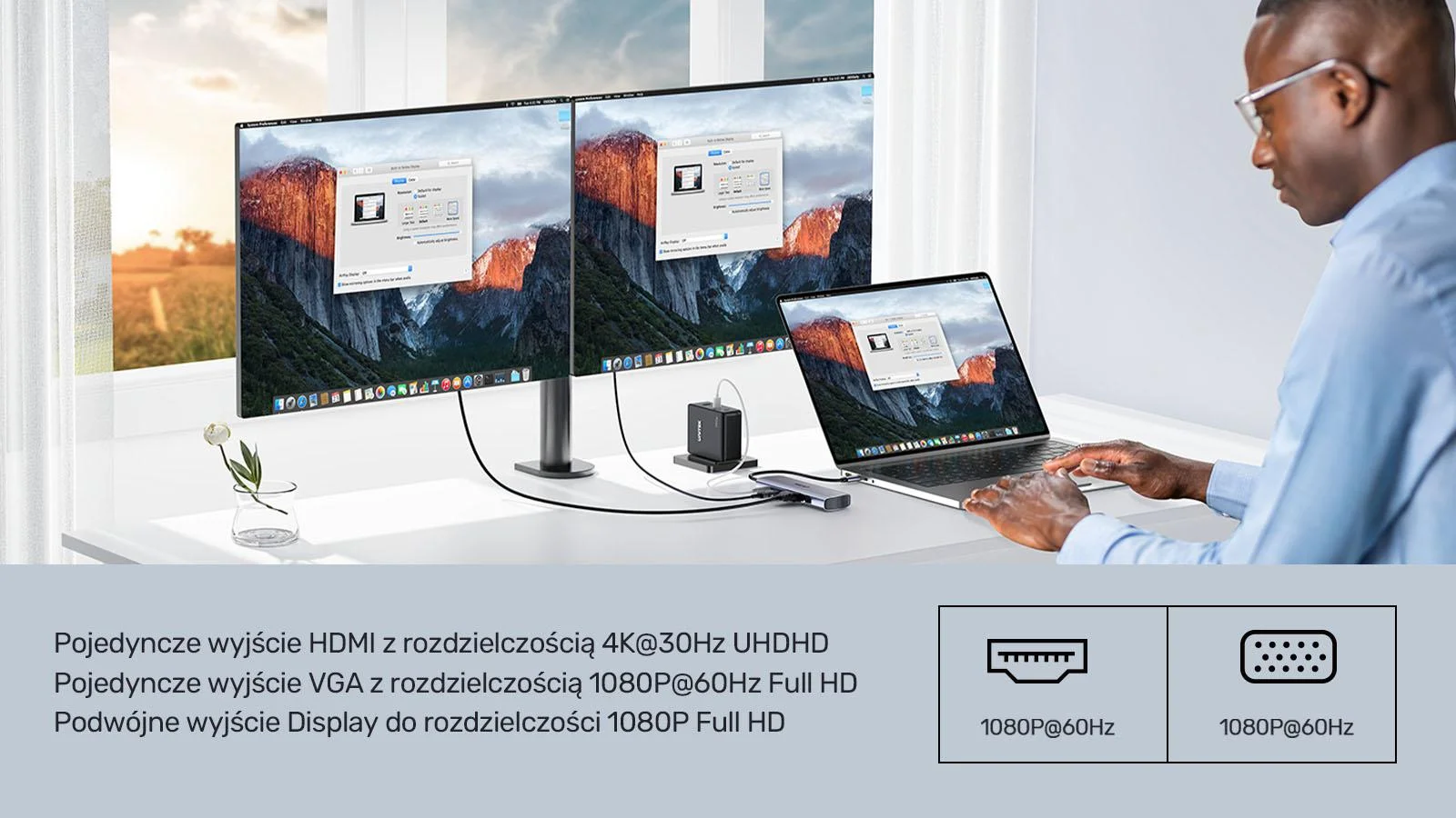 Unitek Hub 9w1 USB C Gigabit Ethernet HDMI VGA 3x USB A czytnik kart PD 100W