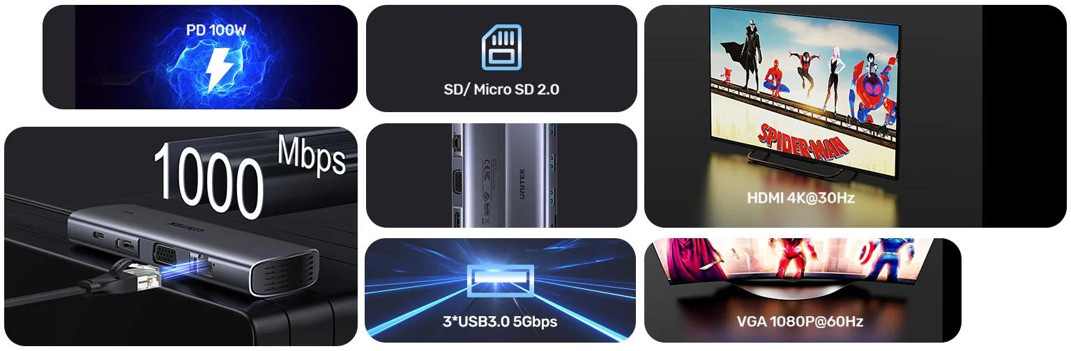 Unitek Hub 9w1 USB C Gigabit Ethernet HDMI VGA 3x USB A czytnik kart PD 100W