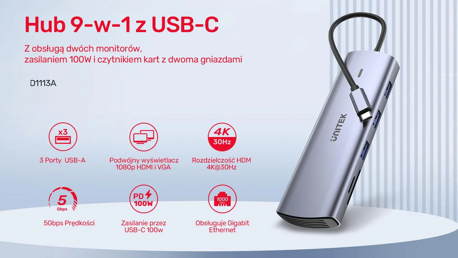 Unitek Hub 9w1 USB C Gigabit Ethernet HDMI VGA 3x USB A czytnik kart PD 100W