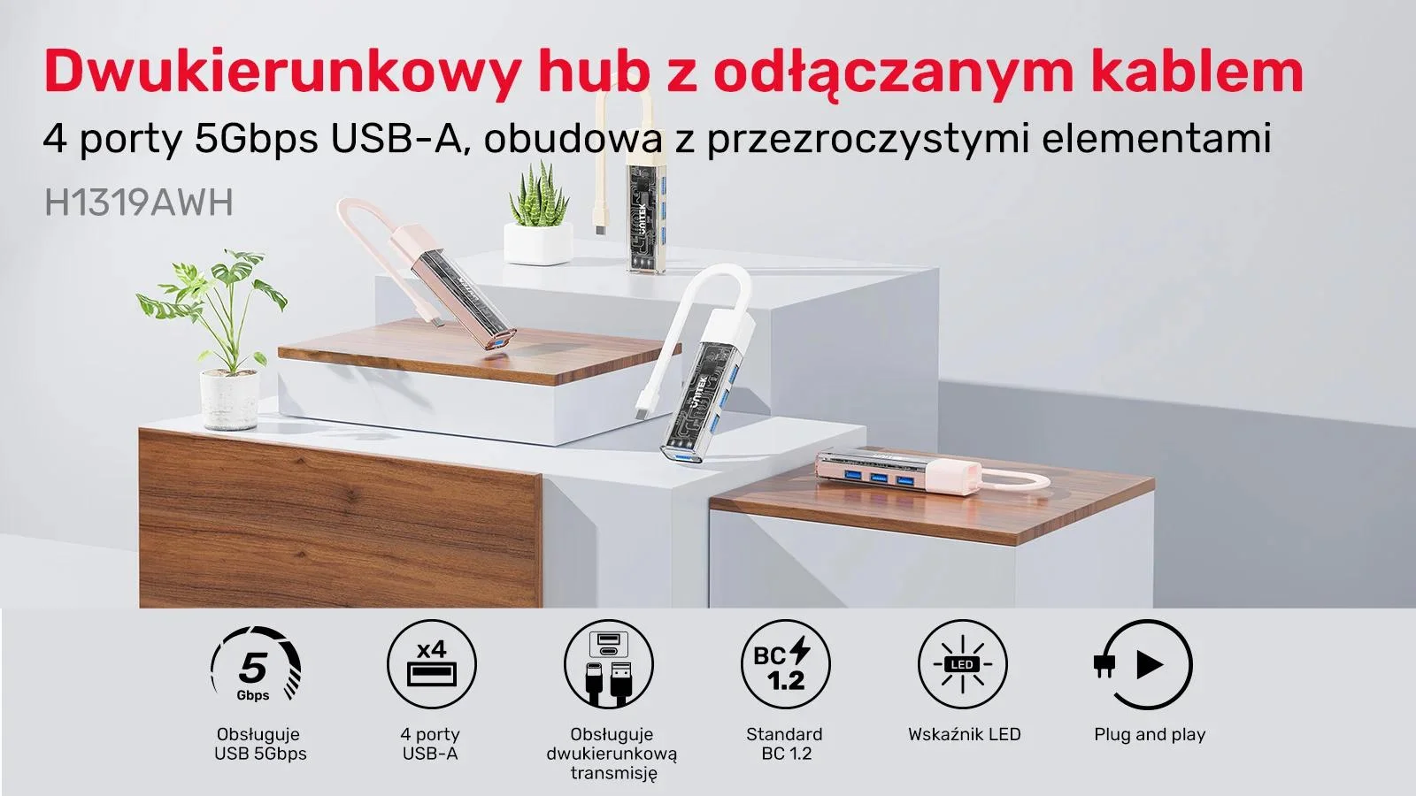 Unitek Hub dwukierunkowy USB C/USB A 5Gbps biały