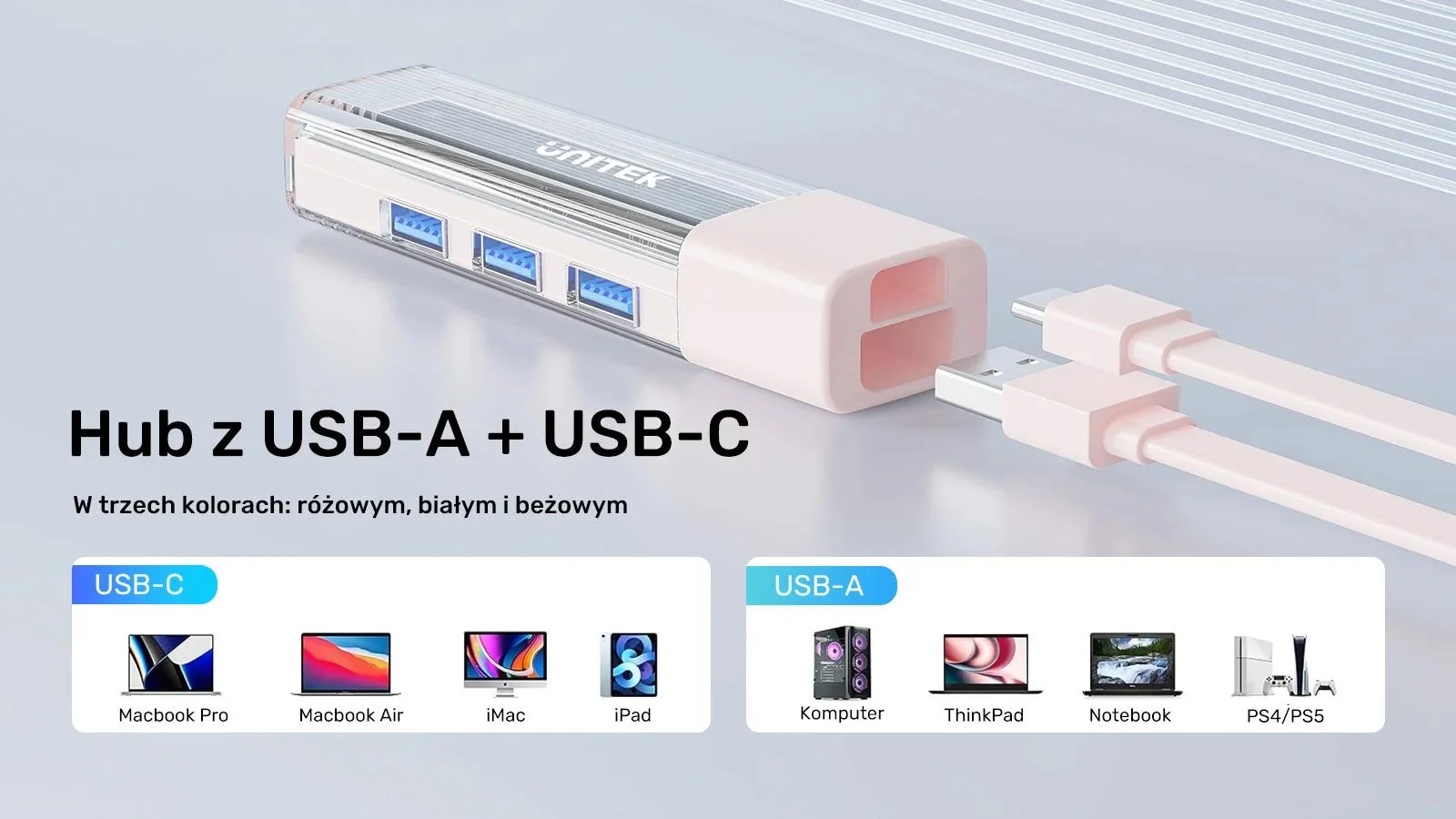 Unitek Hub dwukierunkowy USB C/USB A 5Gbps różowy