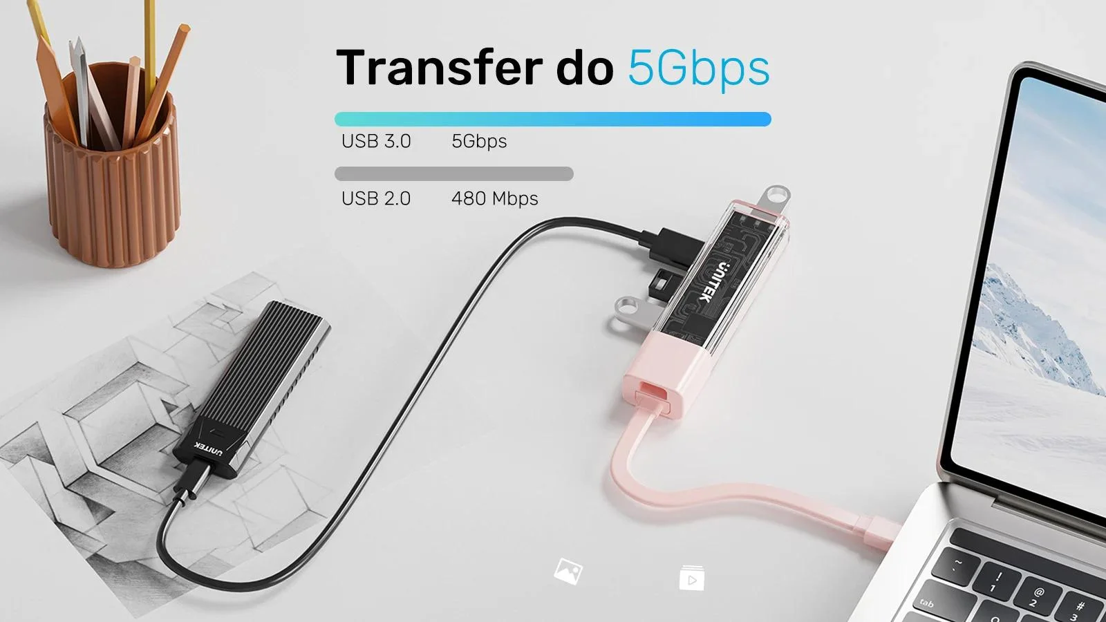 Unitek Hub dwukierunkowy USB C/USB A 5Gbps różowy