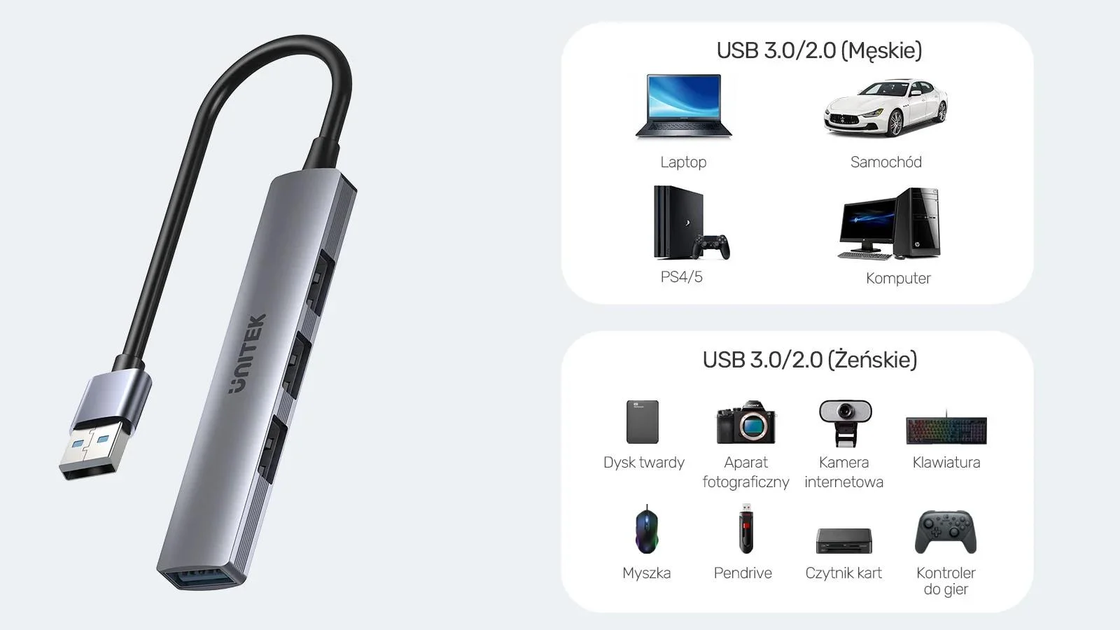 Unitek Hub USB-A 1*USB-A 5 Gbps, 3*USB-A 2.0 alu