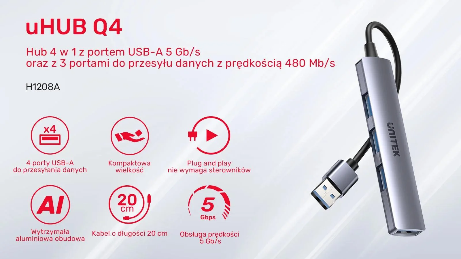 Unitek Hub USB-A 1*USB-A 5 Gbps, 3*USB-A 2.0 alu