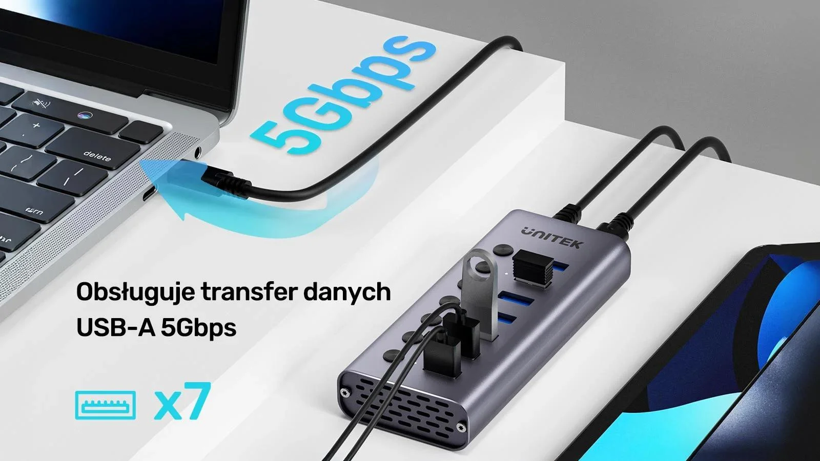Unitek Hub USB A 3.0 7w1, 5Gbps z przełącznikami portów