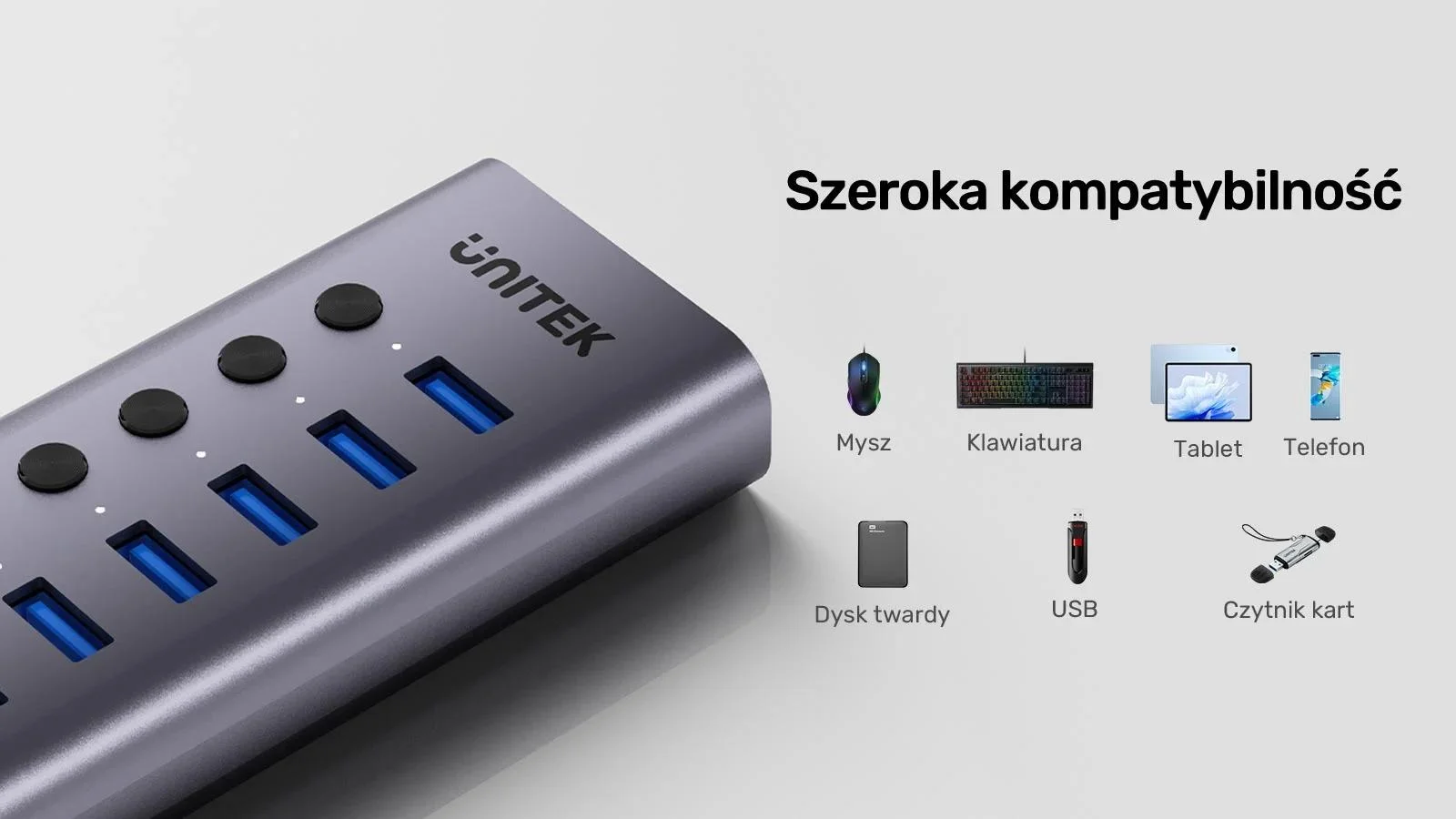 Unitek Hub USB A 3.0 7w1, 5Gbps z przełącznikami portów