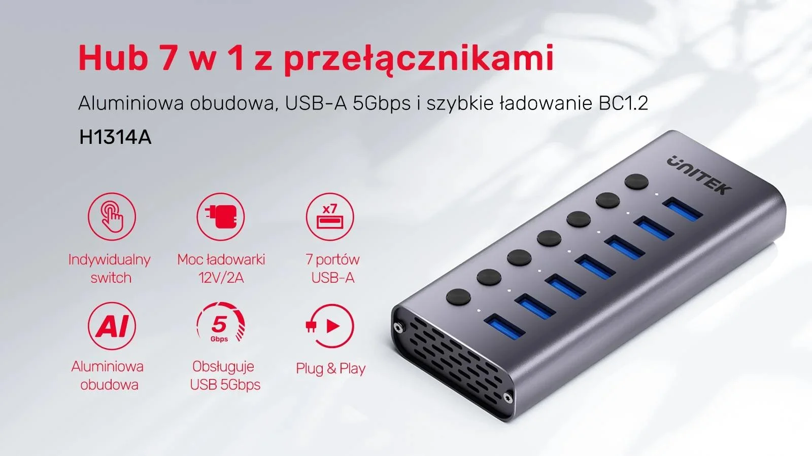 Unitek Hub USB A 3.0 7w1, 5Gbps z przełącznikami portów