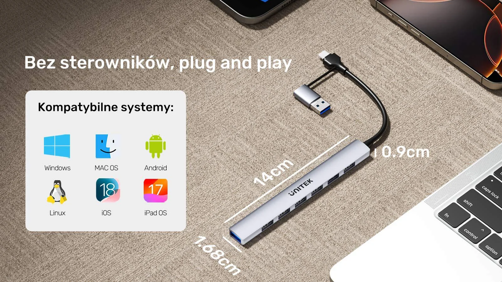 Unitek Hub USB-A/C 7w1 z adapterem