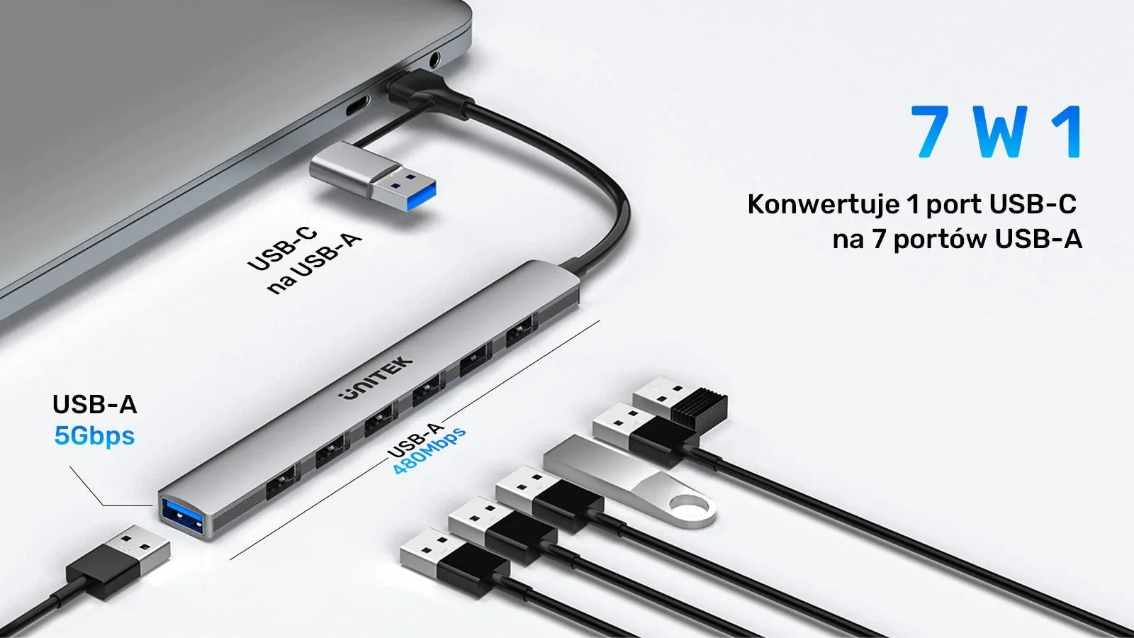 Unitek Hub USB-A/C 7w1 z adapterem