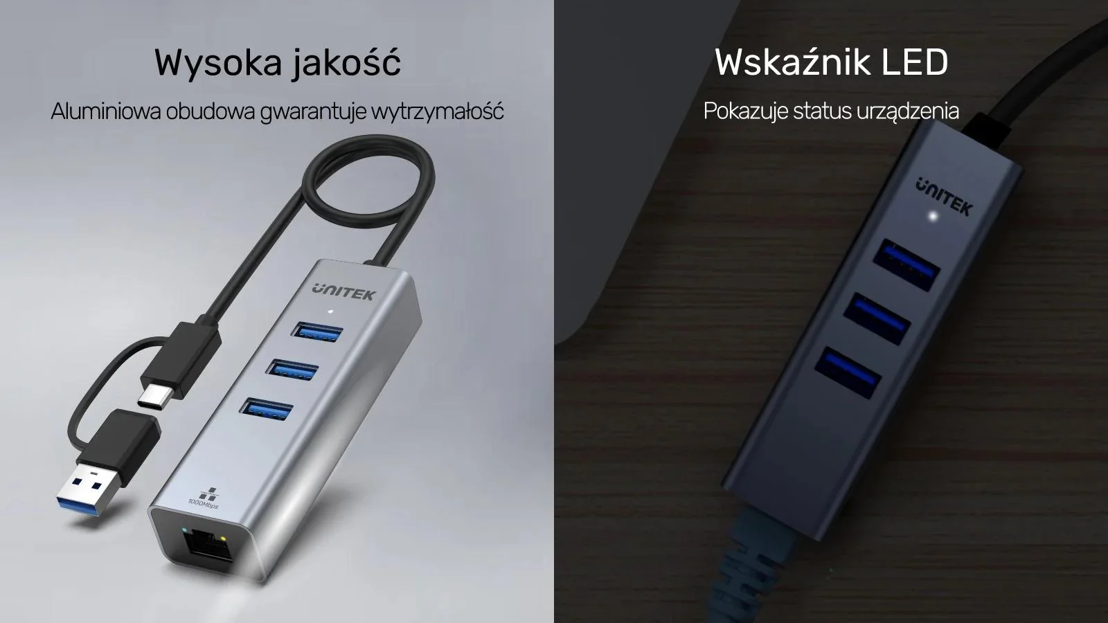Unitek Hub USB C 4w1 Ethernet 3 x USB A 5 Gbps z adapterem USB A