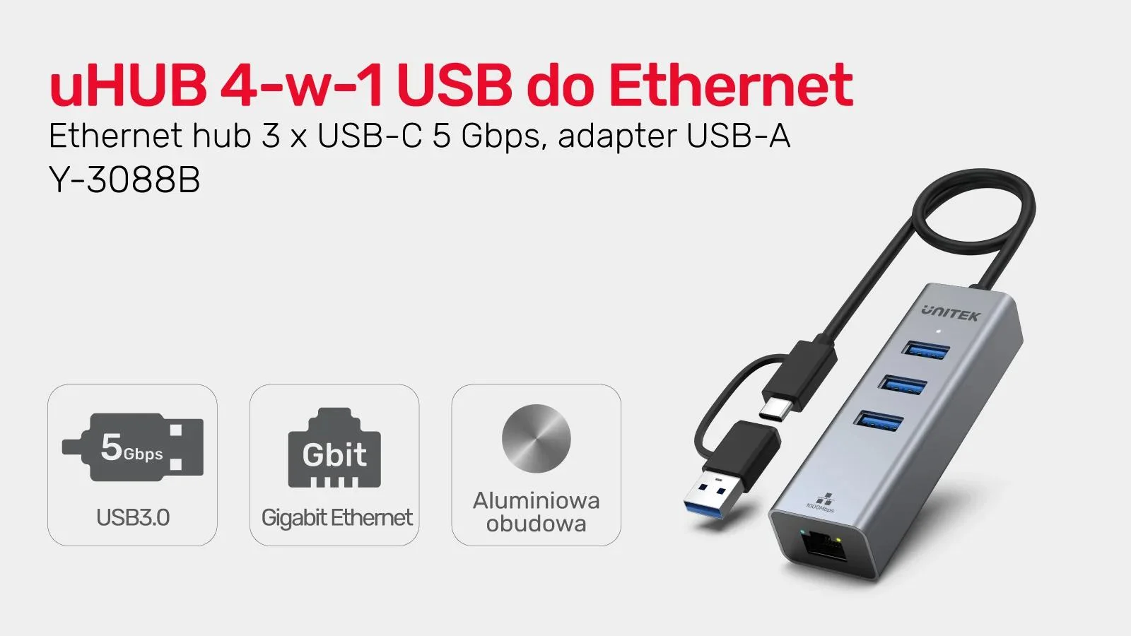 Unitek Hub USB C 4w1 Ethernet 3 x USB A 5 Gbps z adapterem USB A