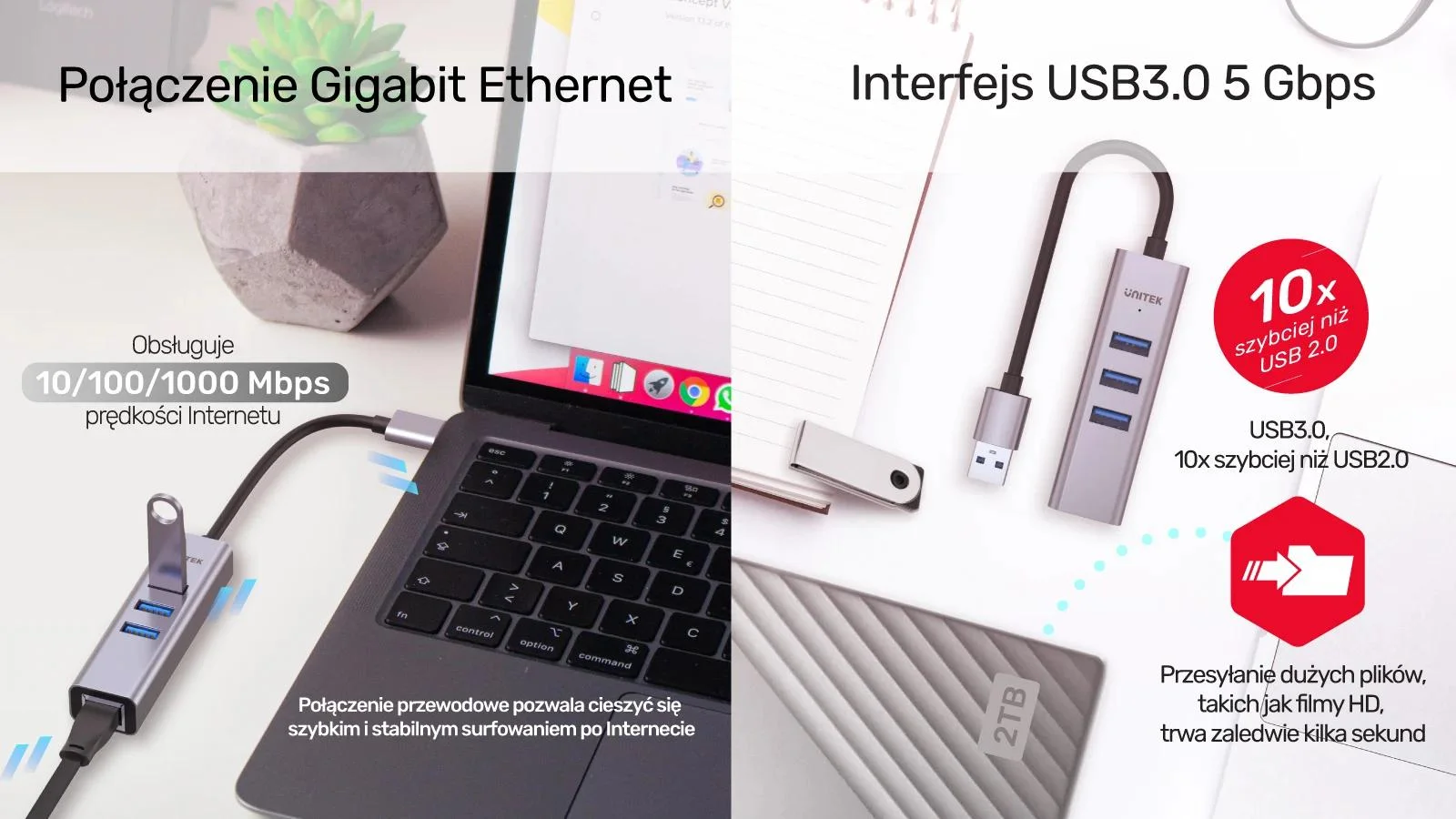 Unitek Hub USB C 4w1 Ethernet 3 x USB A 5 Gbps z adapterem USB A