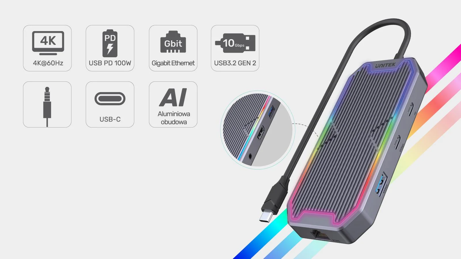 Unitek Hub USB-C HDMI RJ45 3,5mm audio 100W 10Gbps D1029A