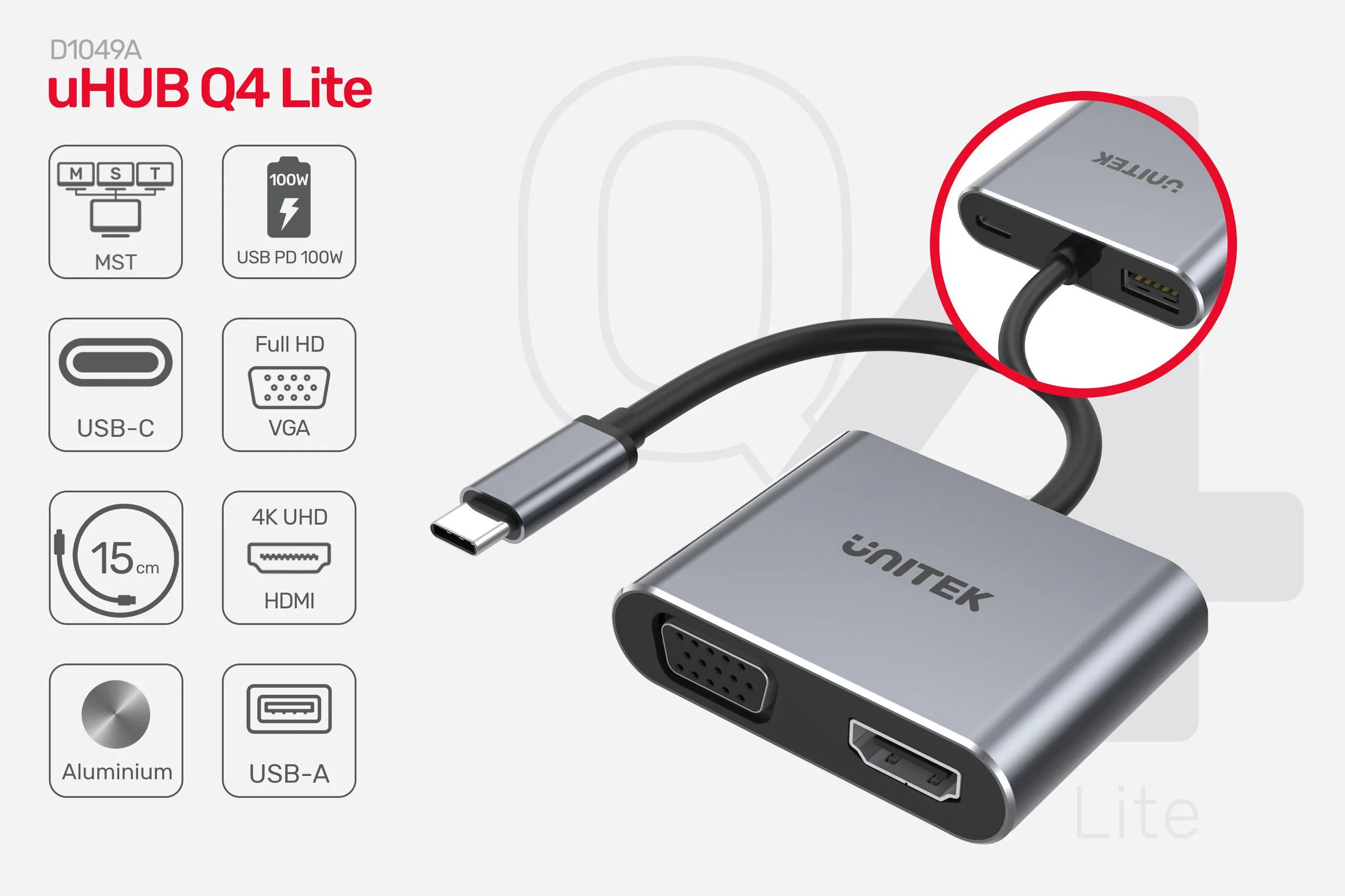 Unitek Hub USB-C HDMI VGA USB-A i PD 100W D1049A