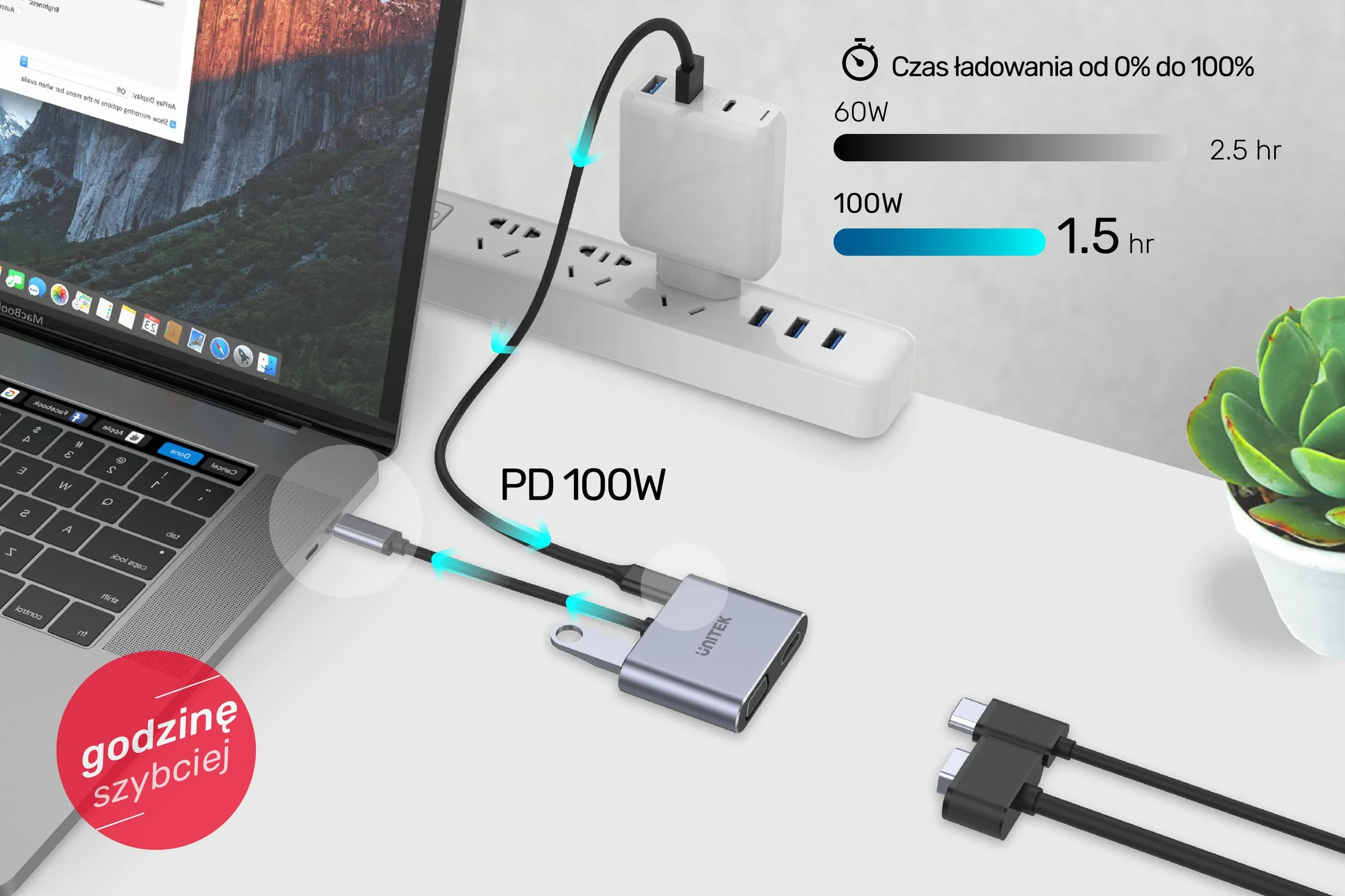 Unitek Hub USB-C HDMI VGA USB-A i PD 100W D1049A