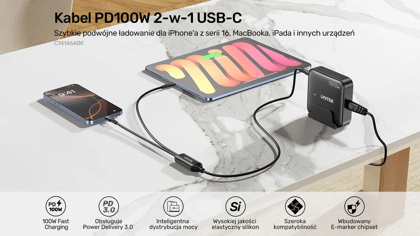 Unitek Kabel 2w1 USB-C PD 100W silikonowy 1,8 m