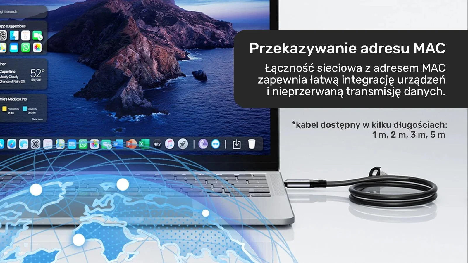 Unitek Kabel Ethernet USB C RJ-45 LAN, przewód sieciowy, 3m