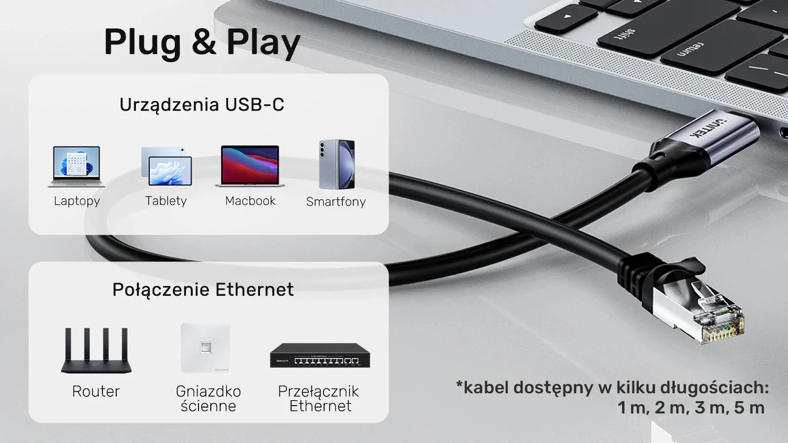 Unitek Kabel Ethernet USB C RJ-45 LAN, przewód sieciowy, 5m