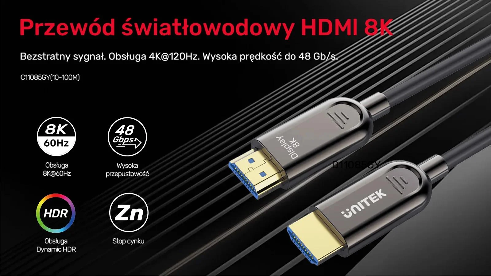 Unitek Kabel optyczny HDMI 2.1 AOC 8K 120Hz 10m