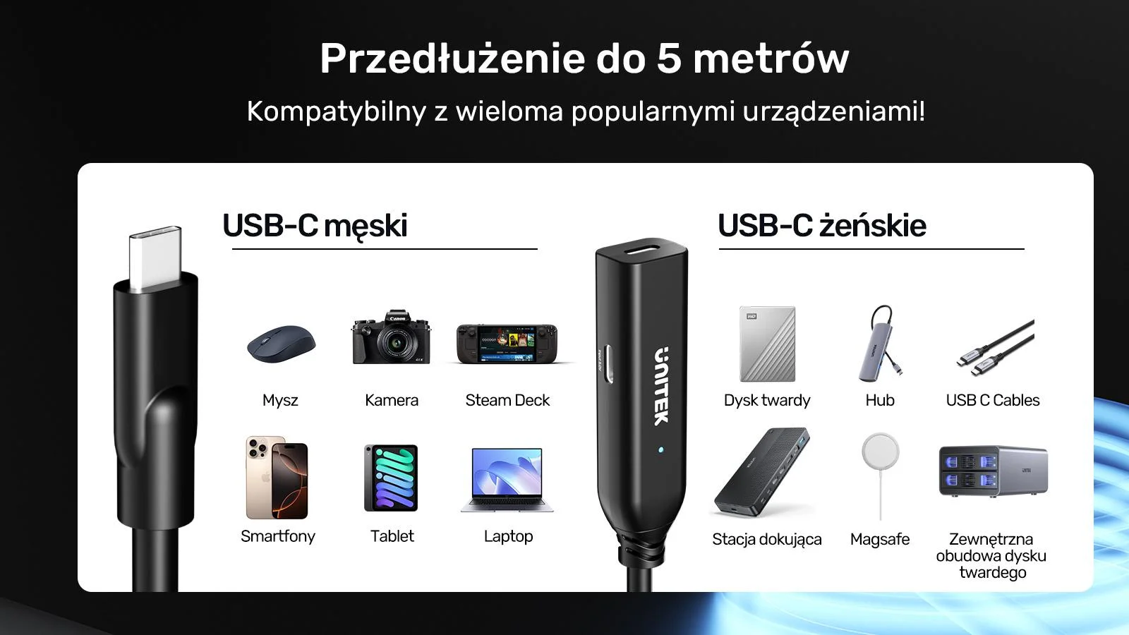 Unitek Kabel przedłużający USB-C 10 Gbps 5m, czarny