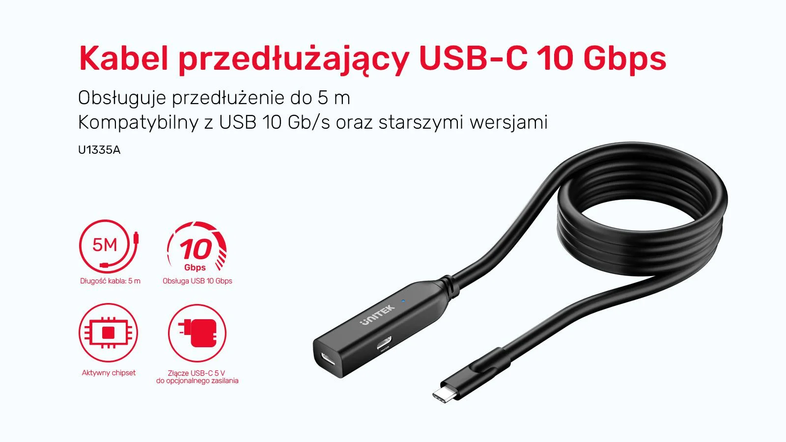 Unitek Kabel przedłużający USB-C 10 Gbps 5m, czarny