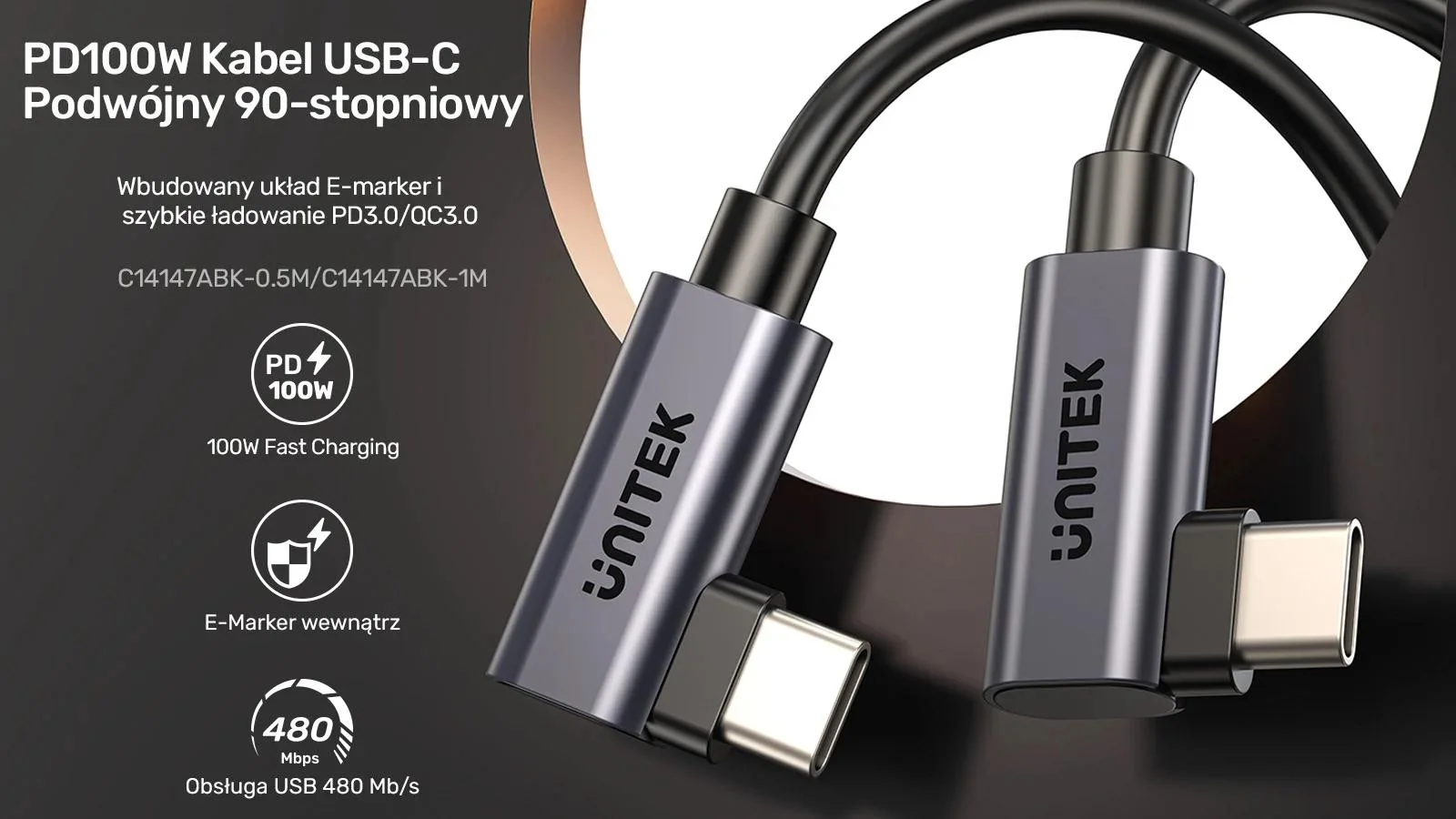 Unitek kabel USB-C do USB-C PD 100W podwójny 90 stopni, 0,5m