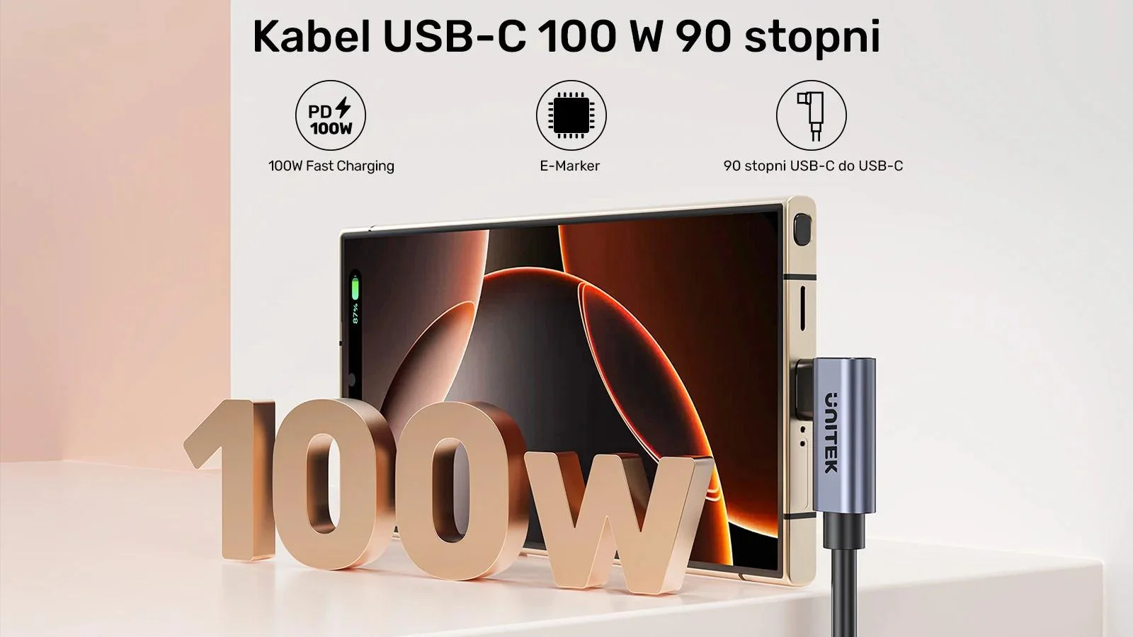 Unitek kabel USB-C do USB-C PD 100W podwójny 90 stopni, 0,5m
