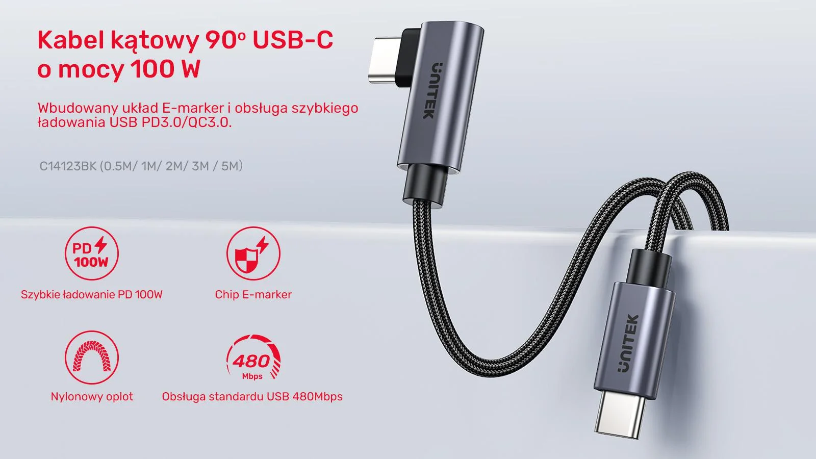 Unitek Kabel USB-C kątowy 90° PD100W 2m