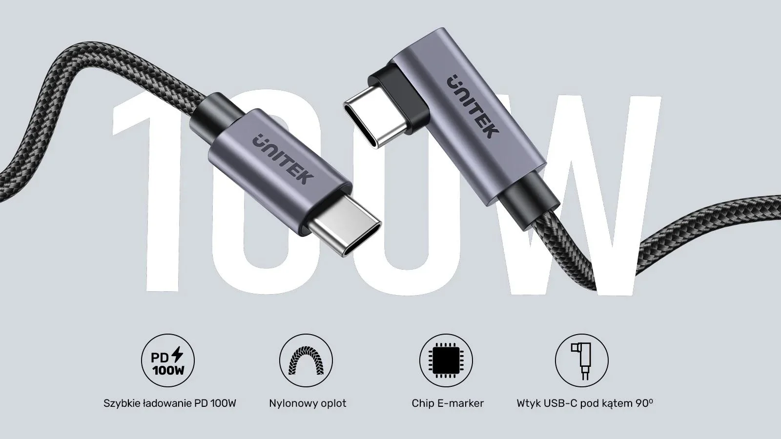 Unitek Kabel USB-C kątowy 90° PD100W 3m