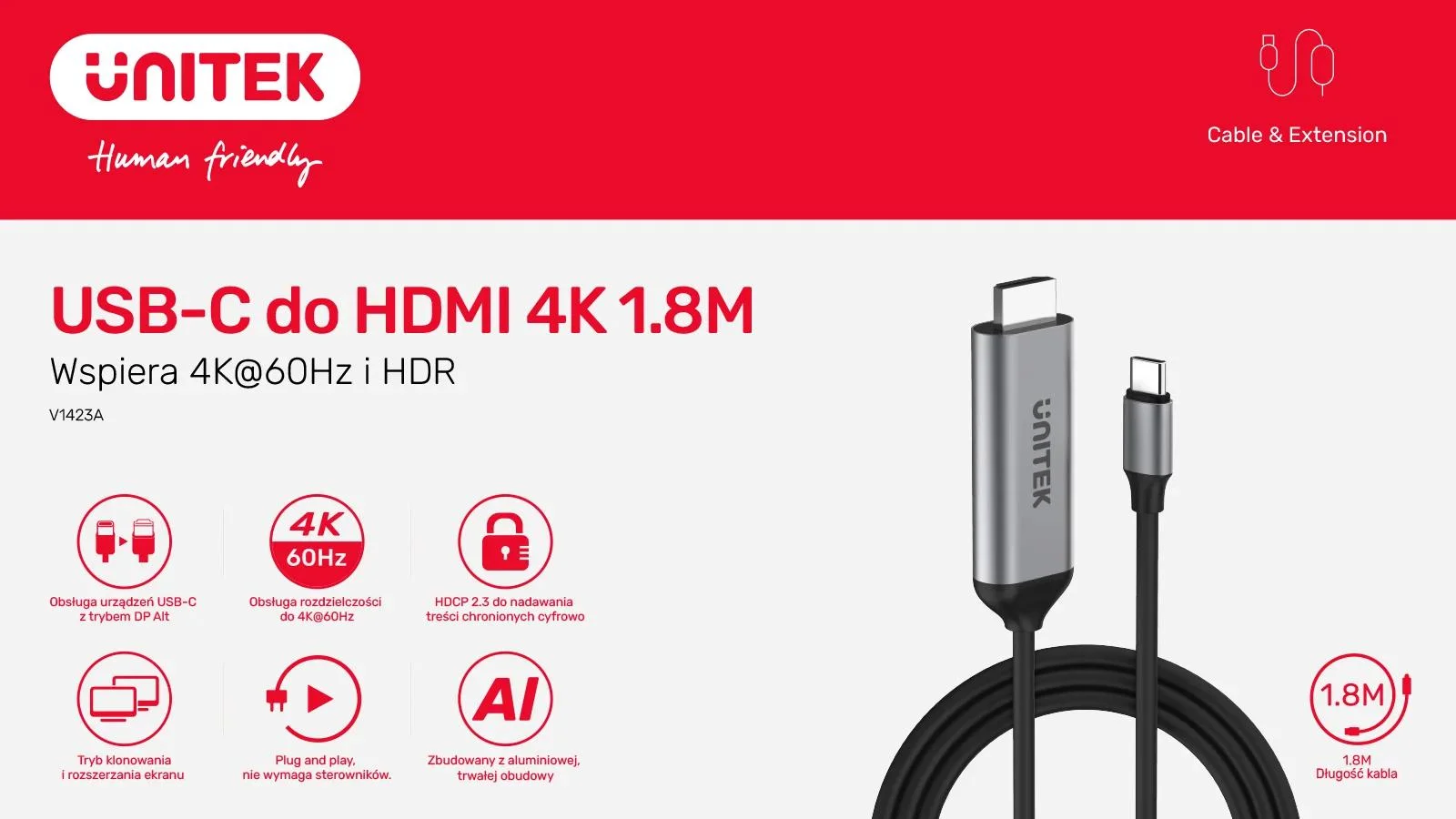 Unitek Kabel USB-C na HDMI 4K 60Hz, 1.8 m V1423A