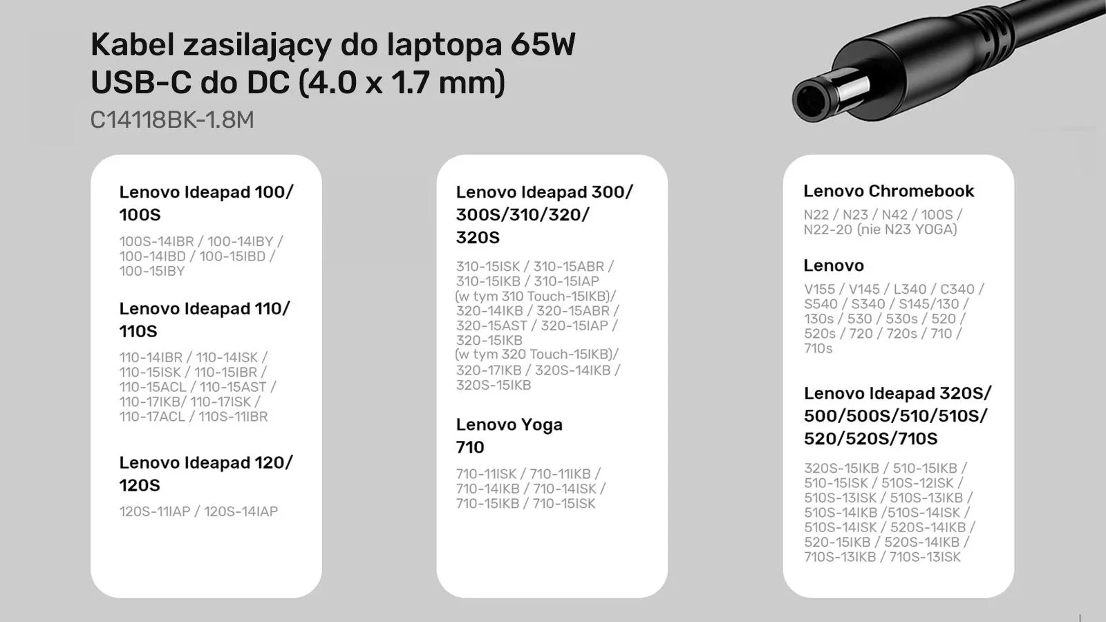 Unitek Kabel zasilający do Lenovo 65W USB-C - DC4,0mm