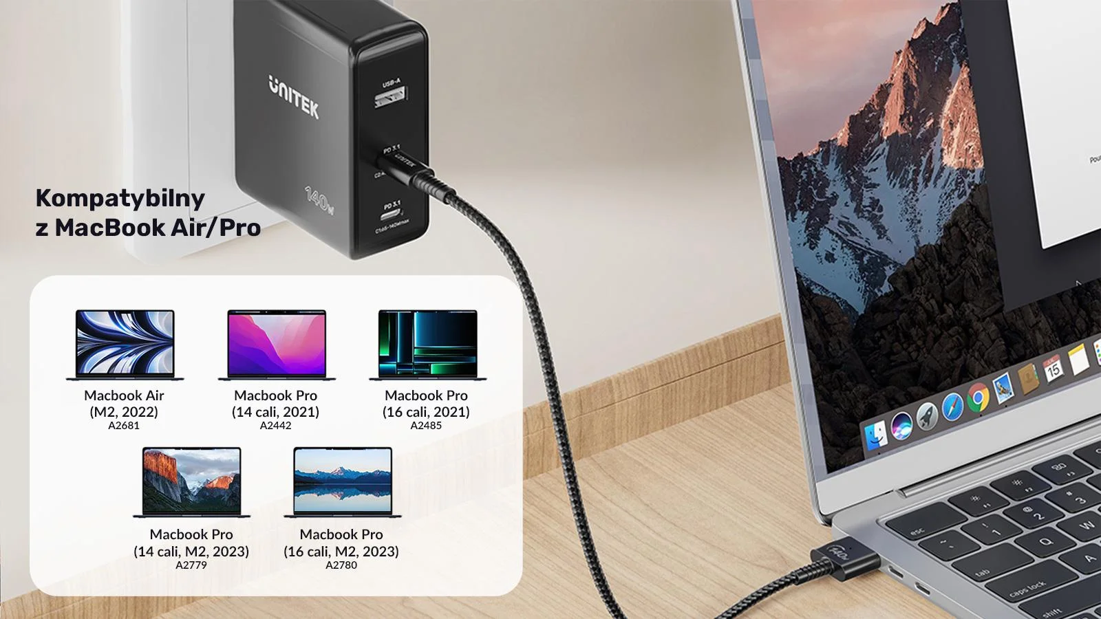 Unitek Kabel zasilający USB-C - MagSafe 3 140W 1 m