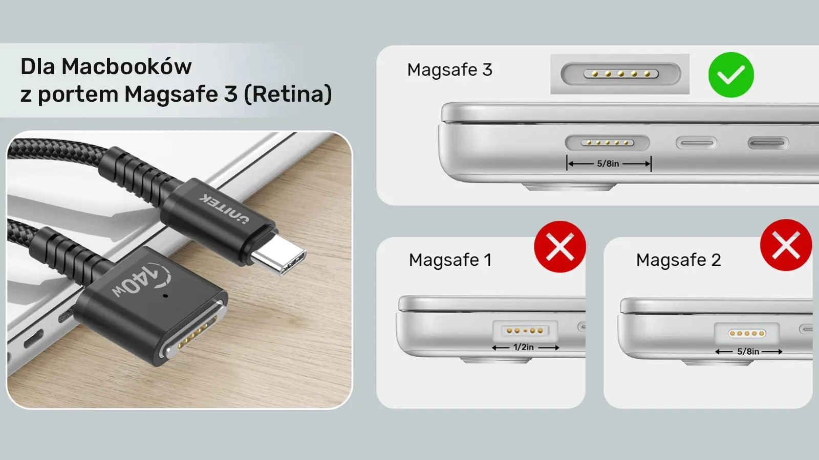 Unitek Kabel zasilający USB-C - MagSafe 3 140W 1 m