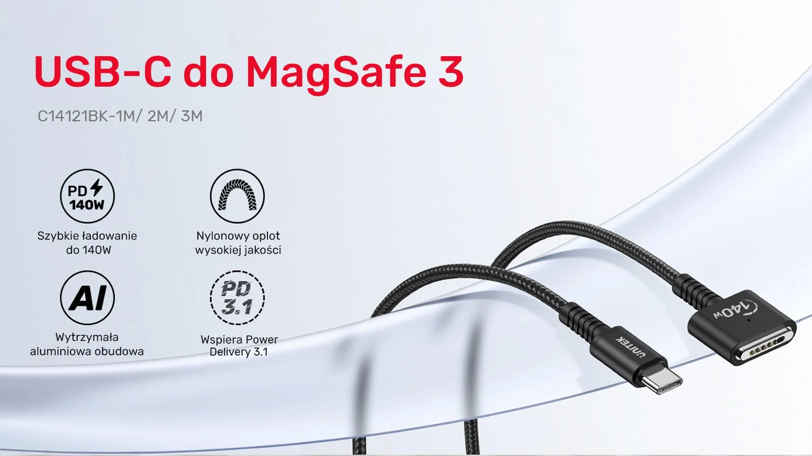 Unitek Kabel zasilający USB-C - MagSafe 3 140W 1 m