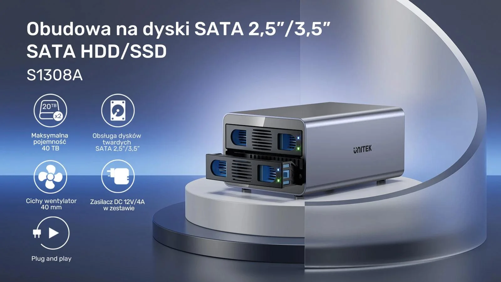 Unitek Kieszeń na dyski SATA 2,5''/3,5'' SATA HDD/SSD 40TB