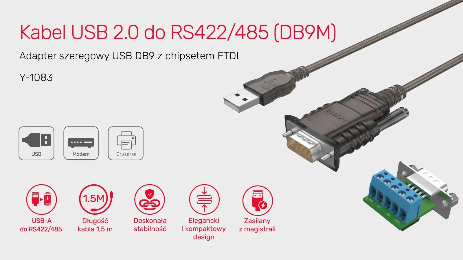 Unitek Konwerter/Adapter USB 2.0 do RS422/RS485 (DB9M) z chipsetem FTDI, 1,5m