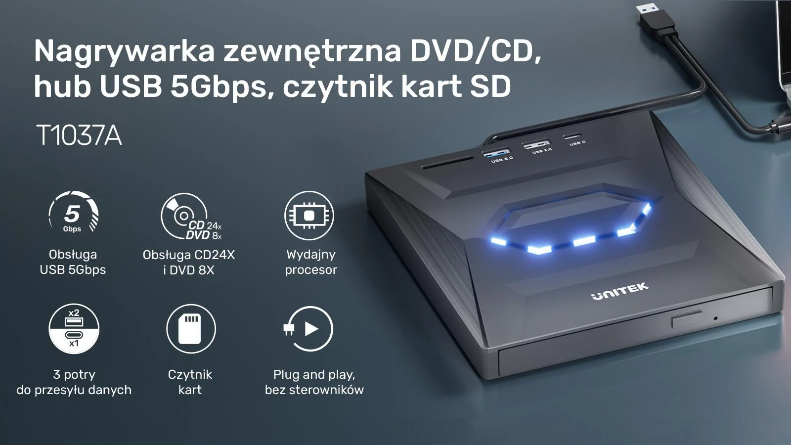 Unitek Nagrywarka zewnętrzna DVD/CD, Hub USB 5Gbps, czytnik kart SD T1037A01