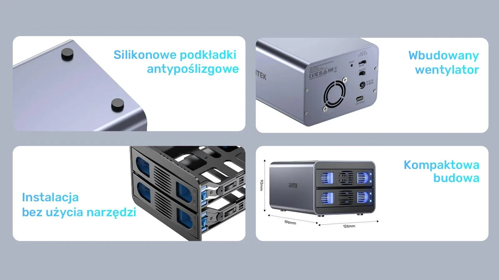 Unitek Obudowa RAID do dysku SATA 2.5''/3.5'' 4 tryby 40TB USB C 10Gb/s