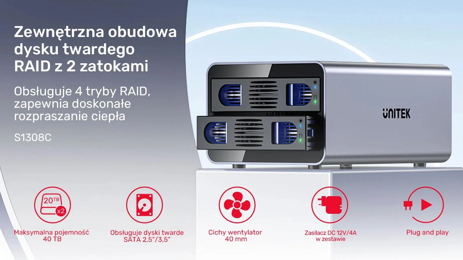 Unitek Obudowa RAID do dysku SATA 2.5''/3.5'' 4 tryby 40TB USB C 10Gb/s