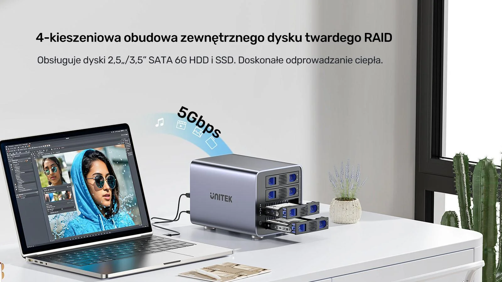 Unitek Obudowa RAID do dysku SATA 2.5''/3.5'' 8 trybów 80TB USB-C