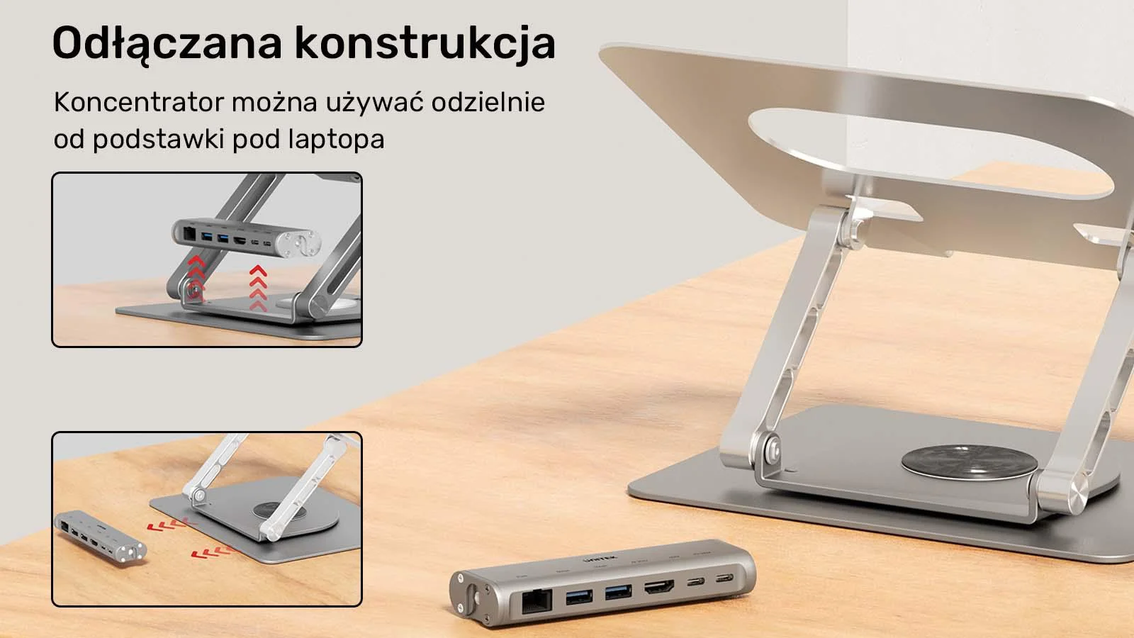 Unitek Podstawka pod laptop z odłączanym hubem USB-C HDMI 1,4, 4K PD 100W