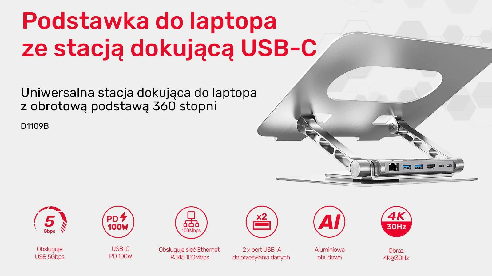 Unitek Podstawka pod laptop z odłączanym hubem USB-C HDMI 1,4, 4K PD 100W